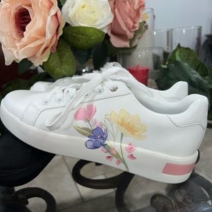 ALDO Orchada floral embroidered flatform sneakers with trim in white